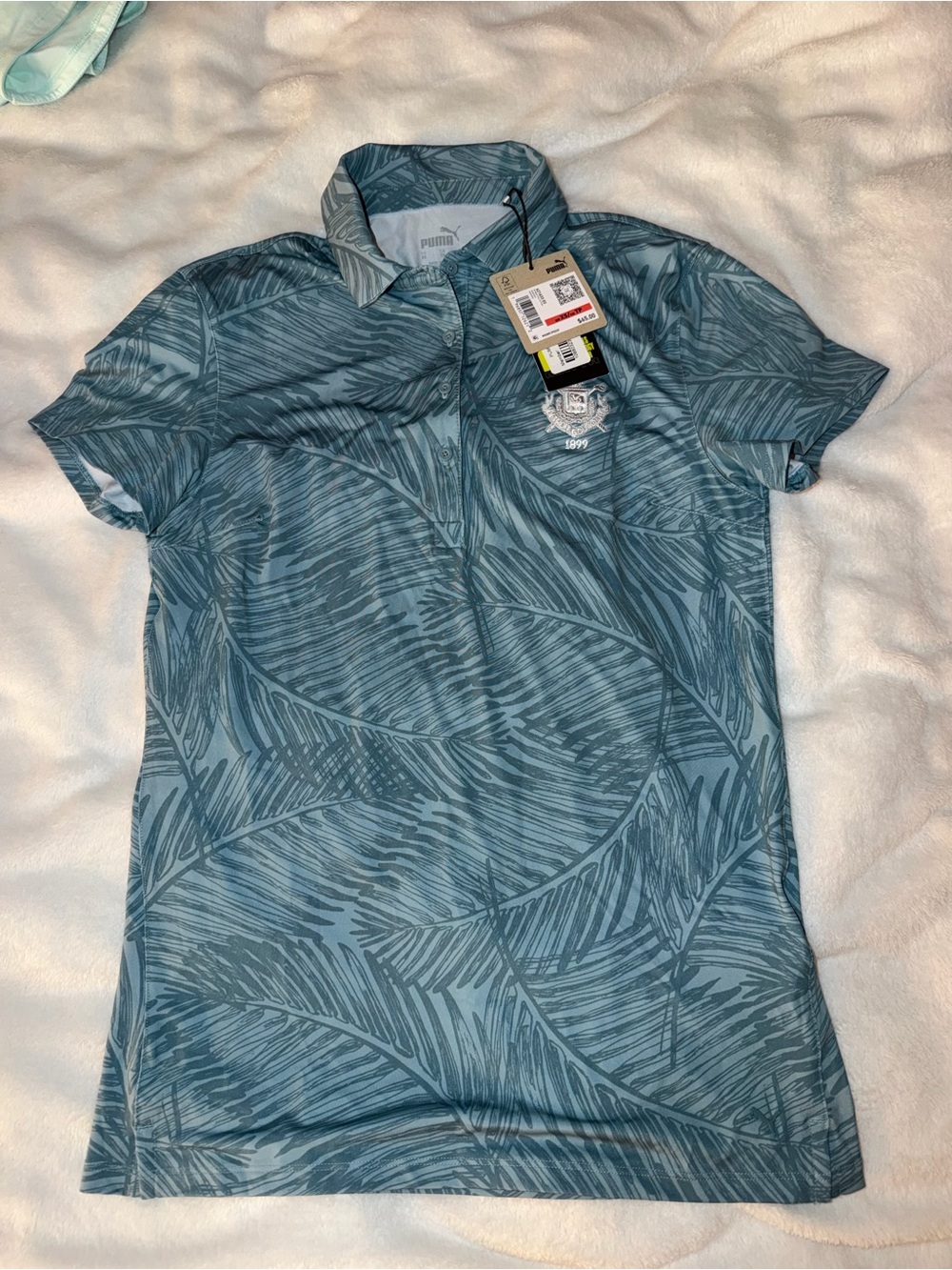 Puma Teal Palm-Print Button-Down Polo
